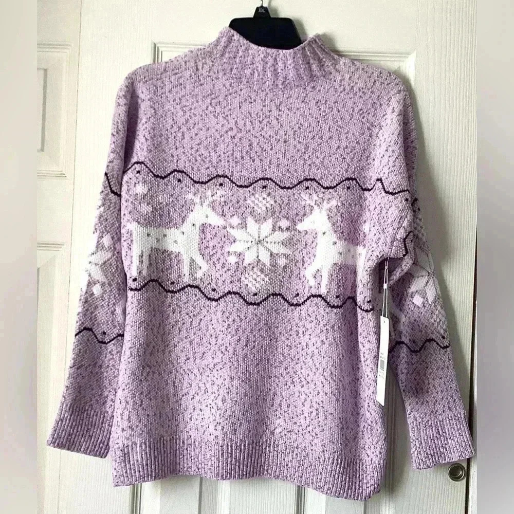 NWT Snowflake NY pink Soft snowflake pattern with reindeer knit Sweater Sz  L/XL